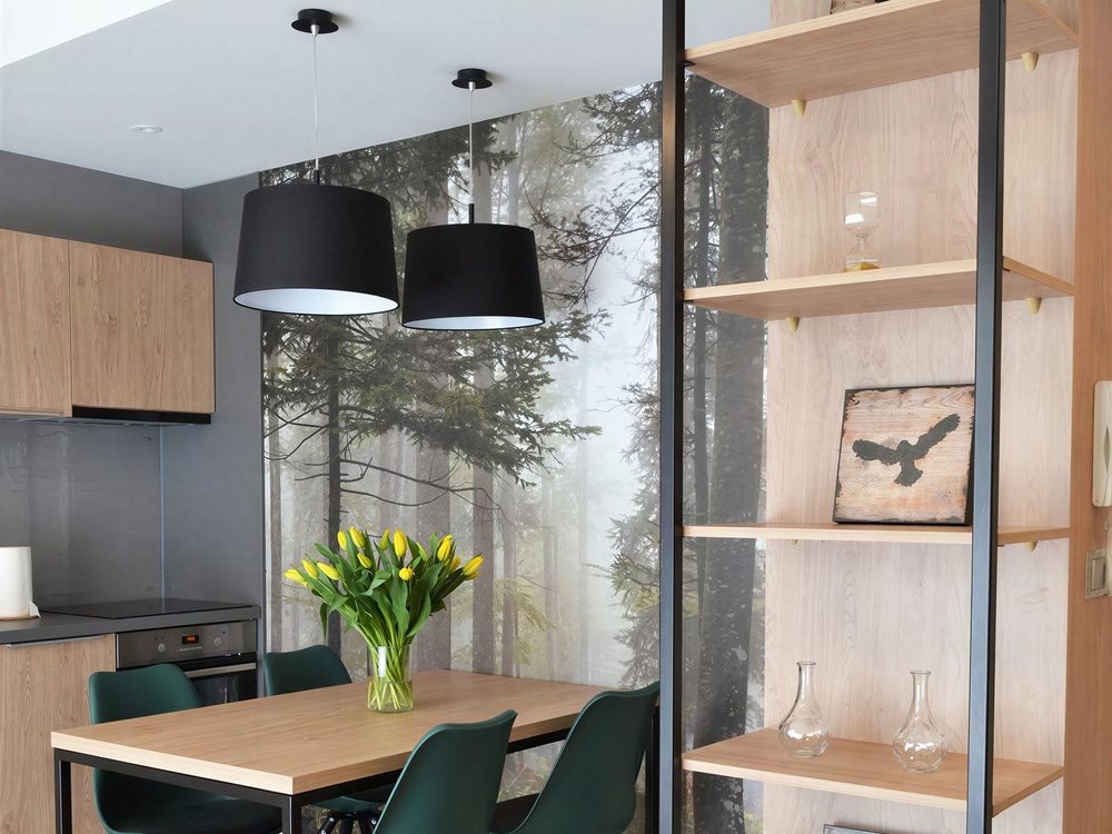 Apartament Ziemia – drewno i zieleń w części dziennej